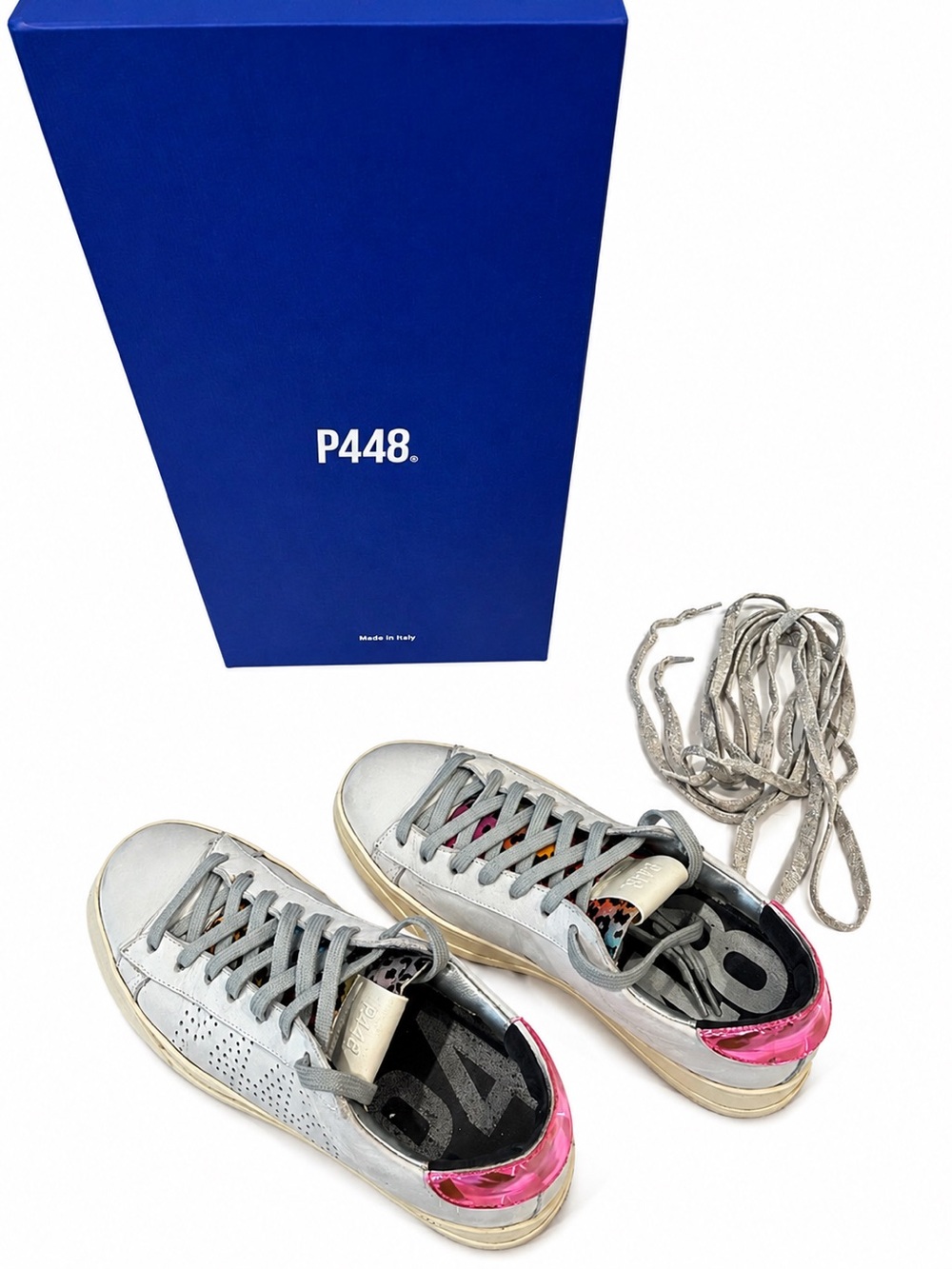 P448 Low-Top Sneakers in Light Gray with Pink and Leopard Accents